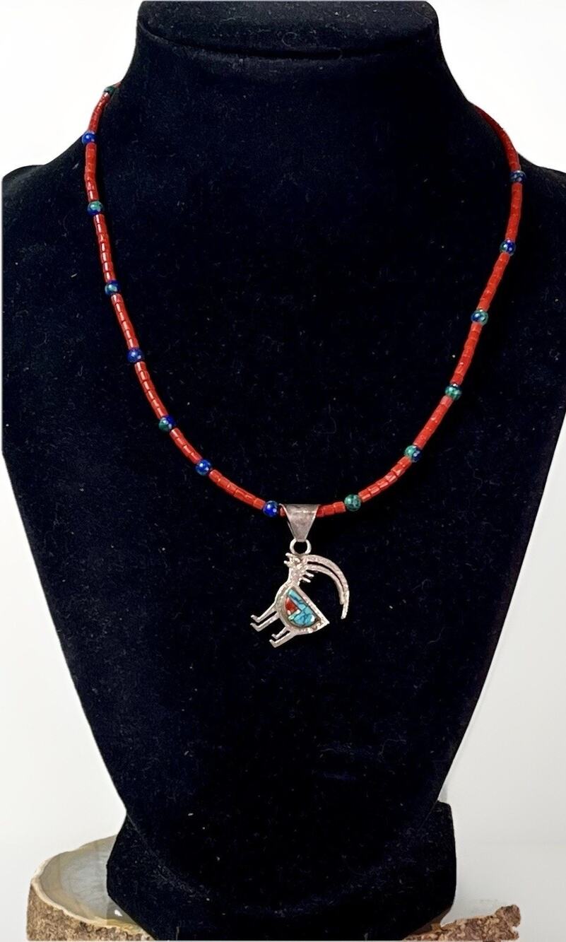 Charlie Bowie Navajo Turquoise Inlay Billy Goat Pendant Coral Beaded Necklace
